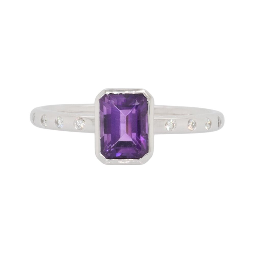 1ct Zambian Amethyst Ring in Solid 14K White Gold with Natural Diamond Accents